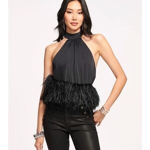 Ramy Brook Womens Danni‎ Black Faux Feather Peplum Halter Top Shirt Sz Large